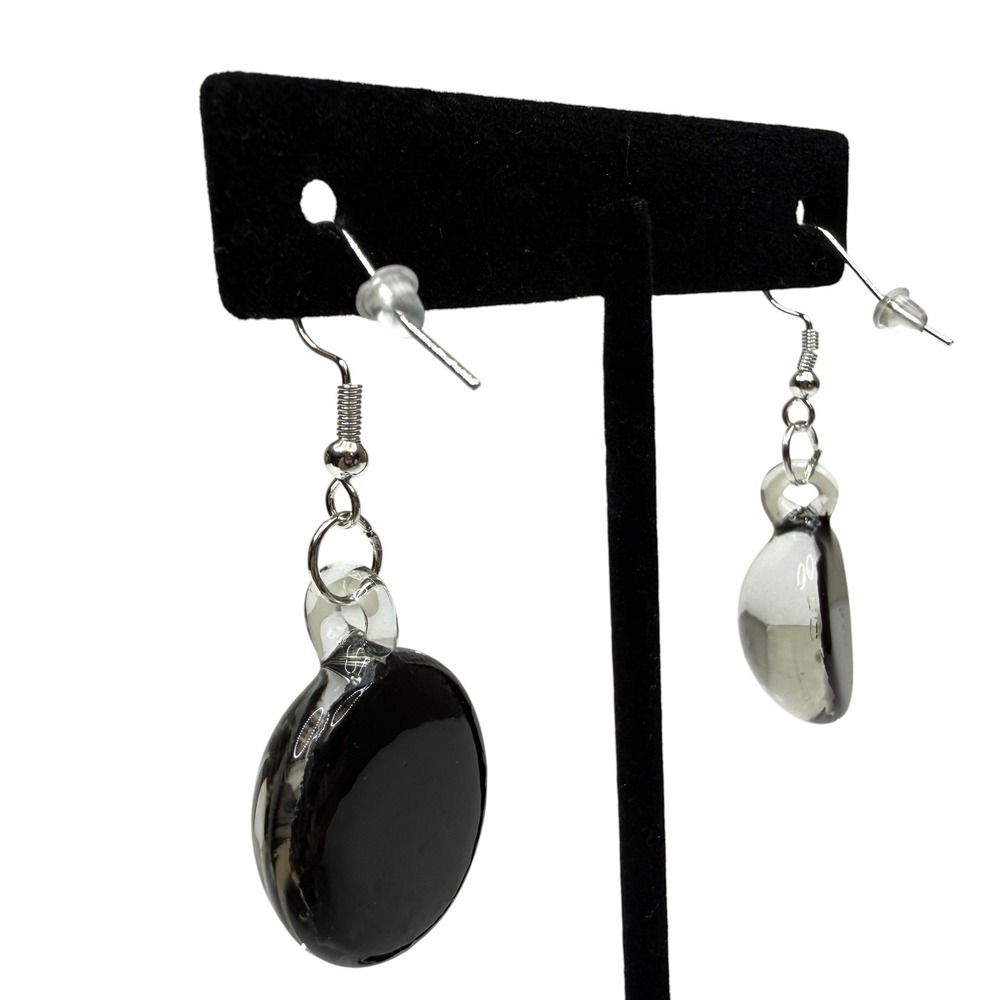 Sterling Silver S925 Glass Black & Grey Swirl Art Dangle Drop Earrings Handmade - Picture 5 of 7